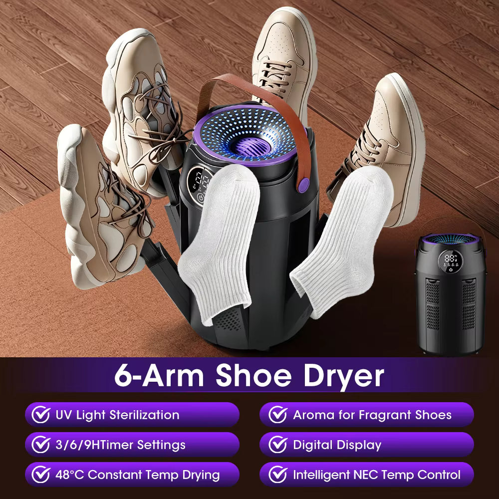 6-Arm Electric Shoe & Boot Dryer with UV Sterilization, Aroma Box & 3-Speed Timer (48°C)